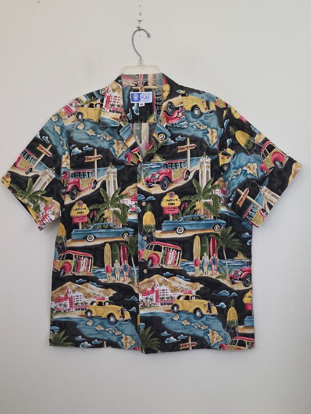 RJC Vintage Hawaiian Car Surfing Scenic Short Sleeve 100% Cotton Shirt Men XL